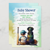 男の赤ちゃんとブラックラボ野球をテーマにした赤ちゃんシャワー 招待状 (正面/裏面)