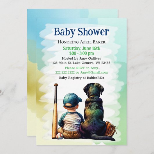 男の赤ちゃんとブラックラボ野球をテーマにした赤ちゃんシャワー 招待状 (正面/裏面)