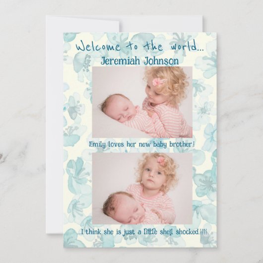 男の赤ちゃんと兄弟姉妹新規到着 案内状 (正面)