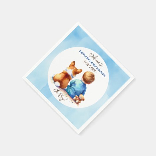 男の赤ちゃんと彼のコーギ子犬の赤ちゃんシャワー スタンダードカクテルナプキン (角)