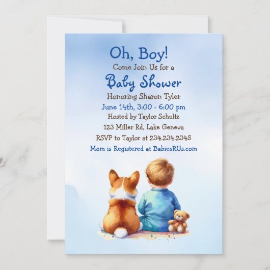 男の赤ちゃんと彼のコーギ子犬の赤ちゃんシャワー 招待状 (正面)
