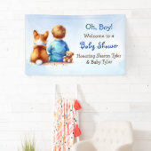 男の赤ちゃんと彼のコーギ子犬の赤ちゃんシャワー 横断幕 (インサイチュ)