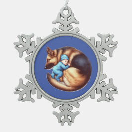 男の赤ちゃんと彼のドイツの羊飼い スノーフレークピューターオーナメント