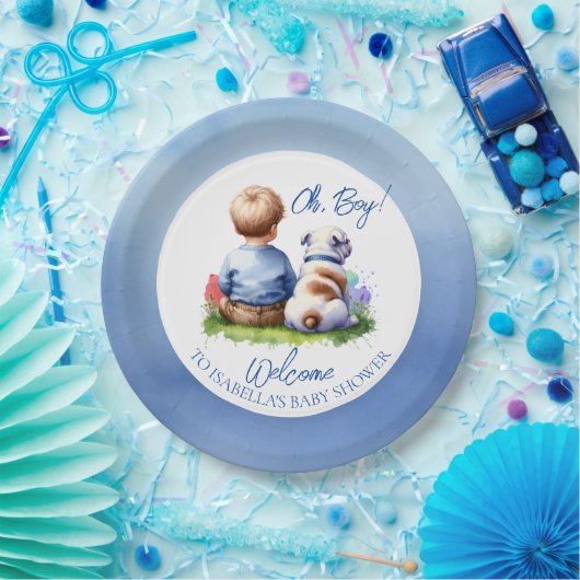 男の赤ちゃんと彼のブルドッグ赤ちゃんシャワー ペーパープレート (パーティー)
