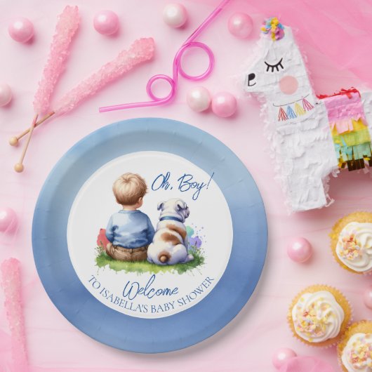 男の赤ちゃんと彼のブルドッグ赤ちゃんシャワー ペーパープレート (パーティー)