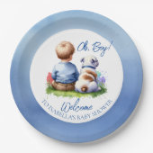 男の赤ちゃんと彼のブルドッグ赤ちゃんシャワー ペーパープレート (正面)