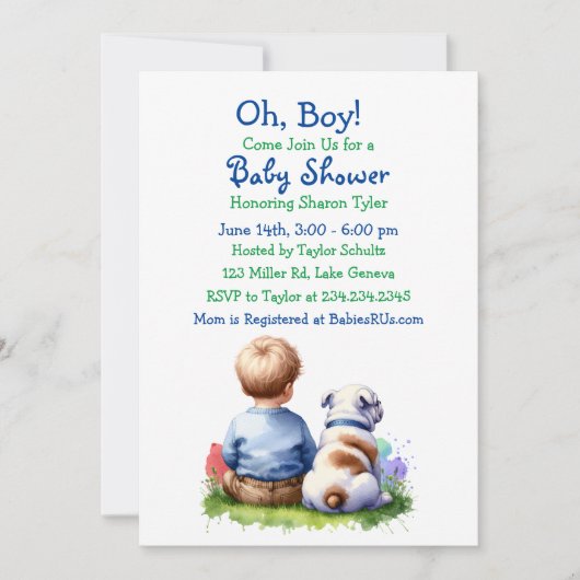 男の赤ちゃんと彼のブルドッグ赤ちゃんシャワー 招待状 (正面)