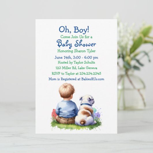 男の赤ちゃんと彼のブルドッグ赤ちゃんシャワー 招待状 (スタンド正面)