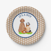 男の赤ちゃんと犬の野球をテーマにした赤ちゃんシャワー ペーパープレート (正面)