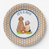 男の赤ちゃんと犬の野球をテーマにした赤ちゃんシャワー ペーパープレート (正面)