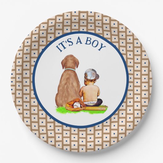 男の赤ちゃんと犬の野球をテーマにした赤ちゃんシャワー ペーパープレート (正面)
