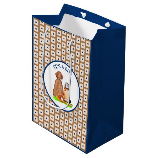 男の赤ちゃんと犬の野球をテーマにした赤ちゃんシャワー ミディアムペーパーバッグ (正面アングル)
