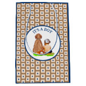 男の赤ちゃんと犬の野球をテーマにした赤ちゃんシャワー ミディアムペーパーバッグ (正面)