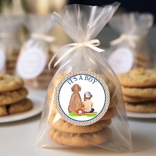 男の赤ちゃんと犬の野球をテーマにした赤ちゃんシャワー ラウンドシール