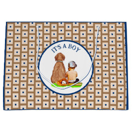 男の赤ちゃんと犬の野球をテーマにした赤ちゃんシャワー ラージペーパーバッグ