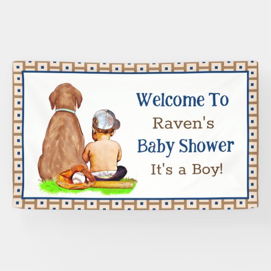 男の赤ちゃんと犬の野球をテーマにした赤ちゃんシャワー 横断幕 (横)