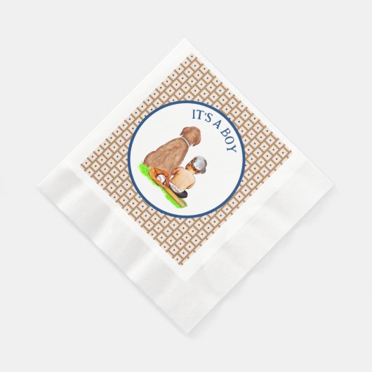 男の赤ちゃんと犬の野球をテーマにした赤ちゃんシャワー 縁ありランチョンナプキン (角)