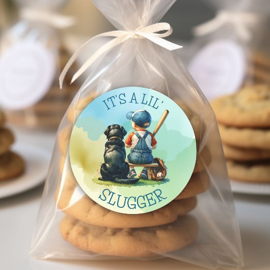 男の赤ちゃんと犬 | リル・スラッガー | 赤ちゃんシャワー ラウンドシール