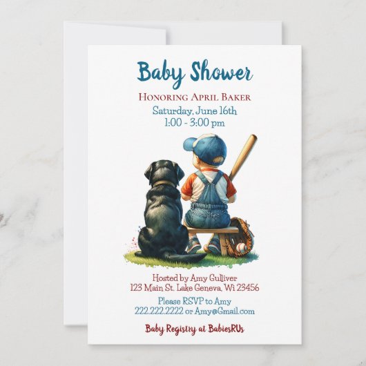 男の赤ちゃんと犬 | 甘い赤パーソナライズされたちゃんシャワー 招待状 (正面)