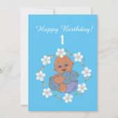 男の赤ちゃんと青い衣服 – ハッピーバースデーカード 招待状 (正面)