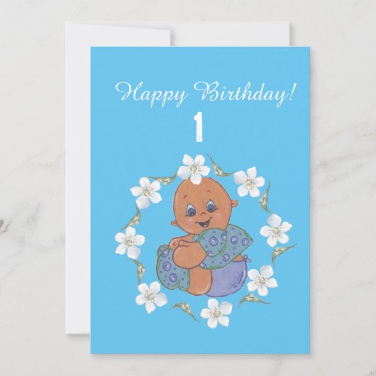 男の赤ちゃんと青い衣服 – ハッピーバースデーカード 招待状 (正面)