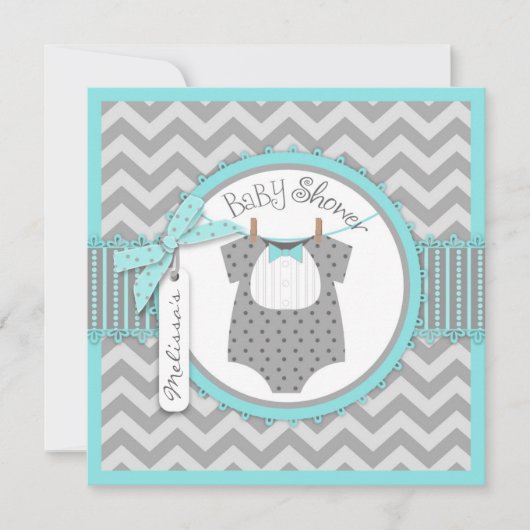 男の赤ちゃんのちょうネクタイのシェブロンのプリントのベビーシャワー 招待状 (正面)