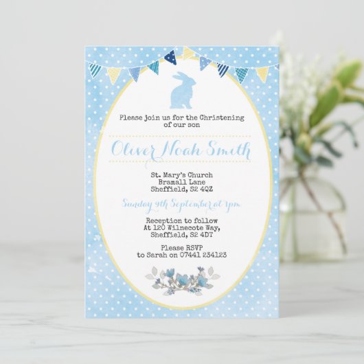 男の赤ちゃんのウサギの《キリスト教》洗礼式や命名式か洗礼の招待状 招待状 (スタンド正面)