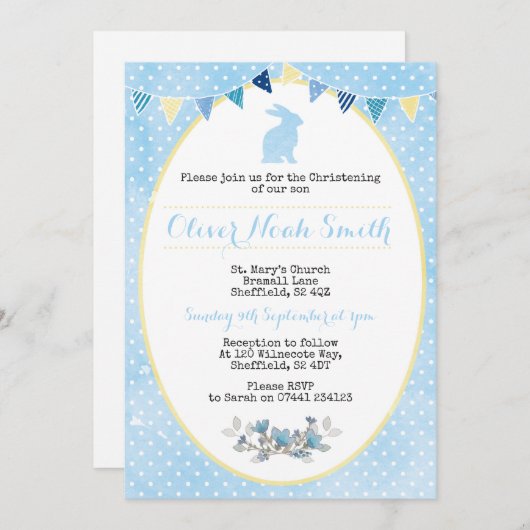 男の赤ちゃんのウサギの《キリスト教》洗礼式や命名式か洗礼の招待状 招待状 (正面/裏面)