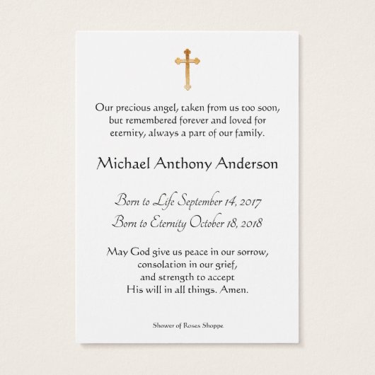 男の赤ちゃんのカトリック教の葬儀の記念の神聖なカード- (裏面)