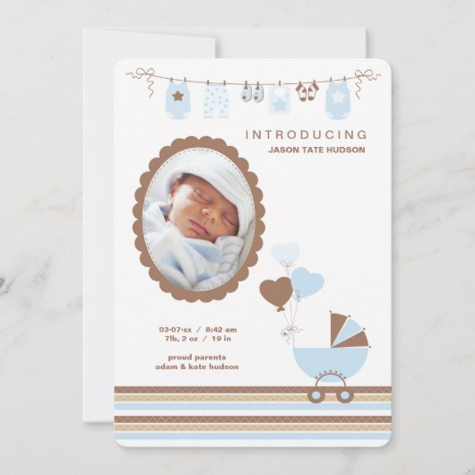 男の赤ちゃんのカメオの写真の誕生の発表 案内状 (正面)