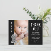 男の赤ちゃんのシェブロンの第1誕生日は写真カード感謝していしています サンキューカード (スタンド正面)