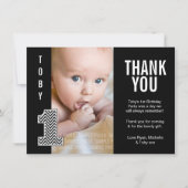 男の赤ちゃんのシェブロンの第1誕生日は写真カード感謝していしています サンキューカード (正面)