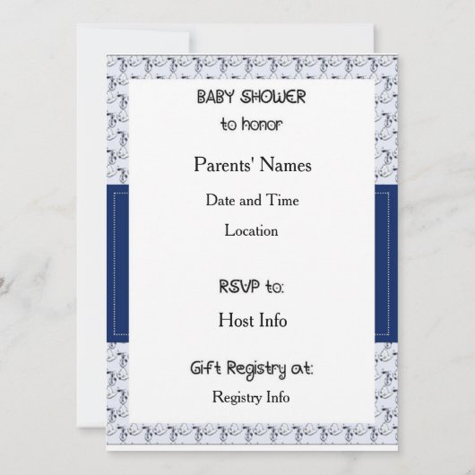 男の赤ちゃんのシャワーの招待状のこうのとりのボディスーツの青 招待状 (裏面)