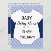 男の赤ちゃんのシャワーの招待状のこうのとりのボディスーツの青 招待状 (正面/裏面)