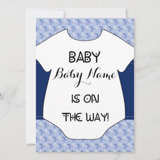 男の赤ちゃんのシャワーの招待状のこうのとりのボディスーツの青 招待状 (正面)