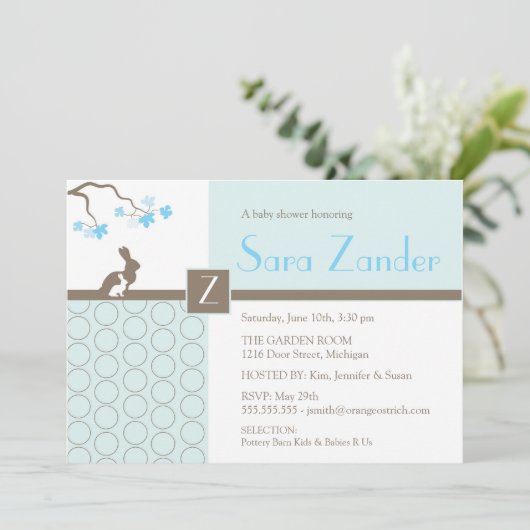 男の赤ちゃんのシャワーの招待状-母およびベビーのバニー 招待状 (スタンド正面)