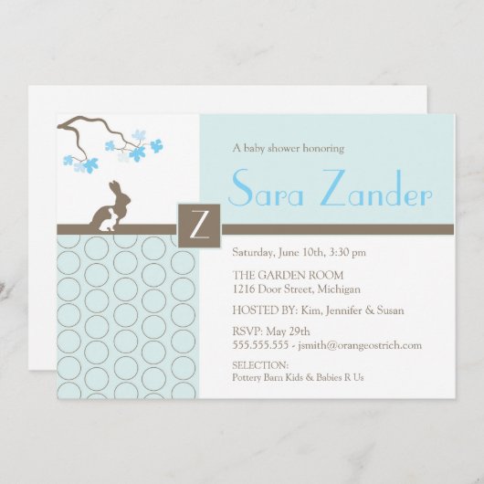 男の赤ちゃんのシャワーの招待状-母およびベビーのバニー 招待状 (正面/裏面)