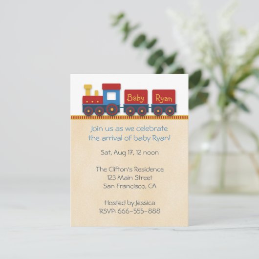 男の赤ちゃんのシャワーの招待: 黄色、赤く及び青の列車 招待状 (スタンド正面)