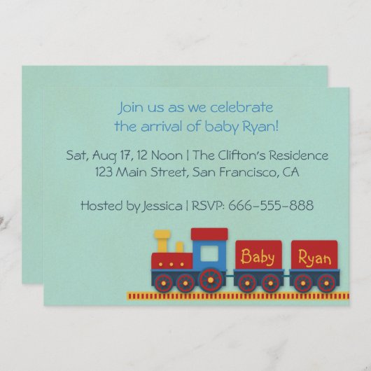 男の赤ちゃんのシャワーの招待: 黄色、赤く及び青の列車 招待状 (正面/裏面)