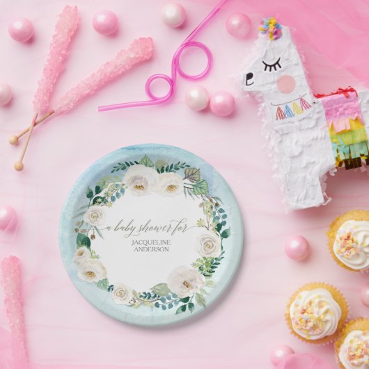 男の赤ちゃんのシャワーの素朴なリース青いwの白いバラ ペーパープレート (パーティー)