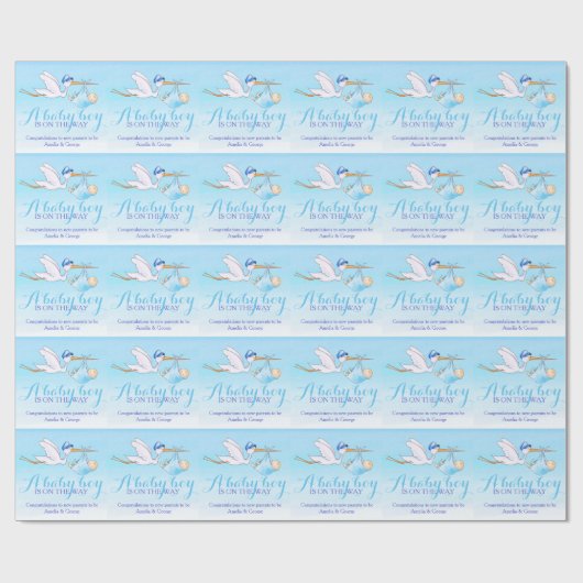 男の赤ちゃんのシャワーの青いこうのとりの芸術パターンギフト用包装紙 ラッピングペーパー (フラット)