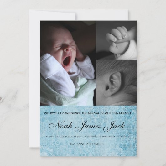 男の赤ちゃんのトリオの写真の誕生の発表 案内状 (正面)