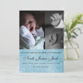 男の赤ちゃんのトリオの写真の誕生の発表 案内状 (スタンド正面)