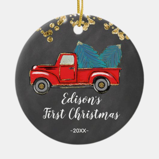 男の赤ちゃんのパーソナライズされた初めてのクリスマス セラミックオーナメント (正面)