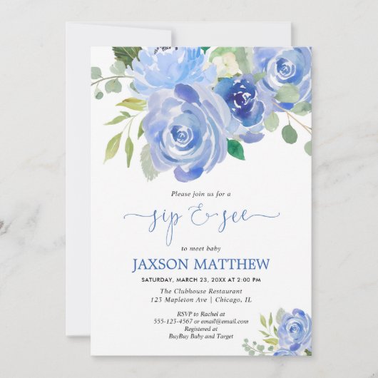 男の赤ちゃんの一口は青い花の水彩画を見、 招待状 (正面)