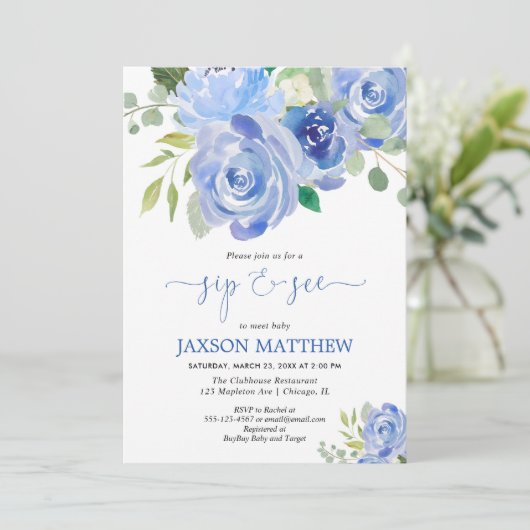 男の赤ちゃんの一口は青い花の水彩画を見、 招待状 (スタンド正面)