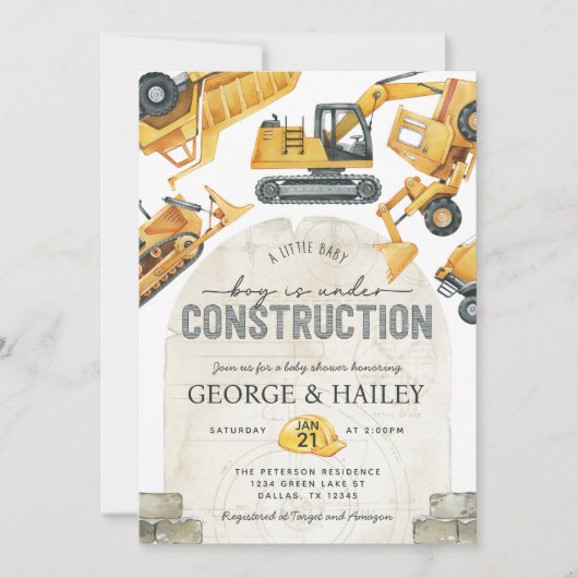 男の赤ちゃんの下に建築ダンプトラック赤ちゃんシャワー 招待状 (正面)