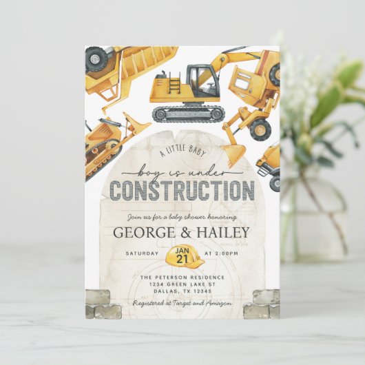 男の赤ちゃんの下に建築ダンプトラック赤ちゃんシャワー 招待状 (スタンド正面)