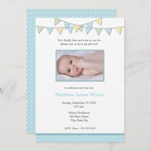 男の赤ちゃんの写真の一口は招待状を見、 招待状 (正面/裏面)
