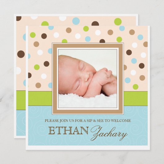 男の赤ちゃんの写真の水玉模様の招待状をすすり、見て下さい 招待状 (正面/裏面)